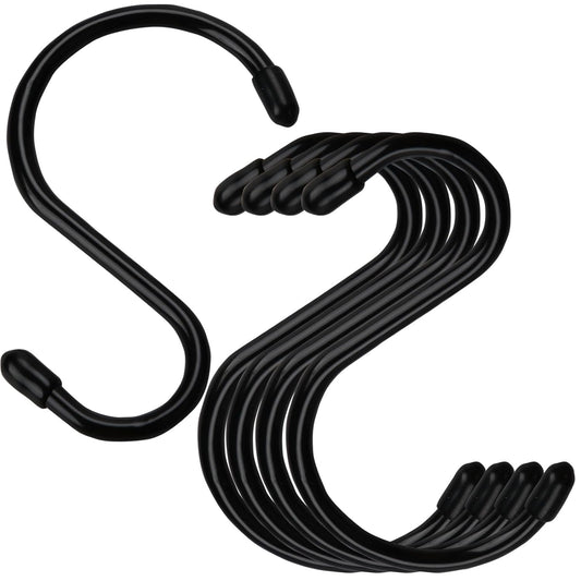 24 Pack 4 inch Large Vinyl Coated S Hooks with Rubber Stopper Non Slip Heavy Duty S Hook, Steel Iron Rubber Coated Closet S Hooks for Hanging Jeans Necklace Plants Cups Jewelry Pot Pan Towels, Black