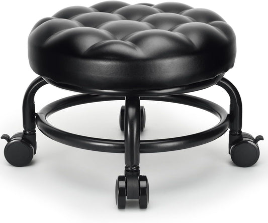 Low Height Rolling Stool Roller Stool PU Leather Comfortable Seat 360°Swivel Rotating, Modern Rolling Chair for Home Office Garage Shop