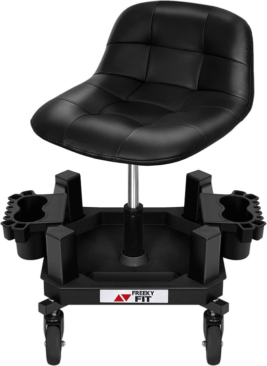 Rolling Stool with Wheels, Adjustable Shop Stool Mechanic Seat, Garage Shop Roller Work Chair, Mobile Rolling Seat with Tool Tray, 2 Cup Holders, 4" Casters, 350 LBS, Heavy-Duty, Black