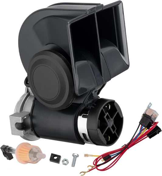 Air Horn for Truck,Super High Pitched Train Horn for Car, Waterproof Snail Horn for Motorcycles, Cars, trucks, trains and ships(black horn with wire, 12v)