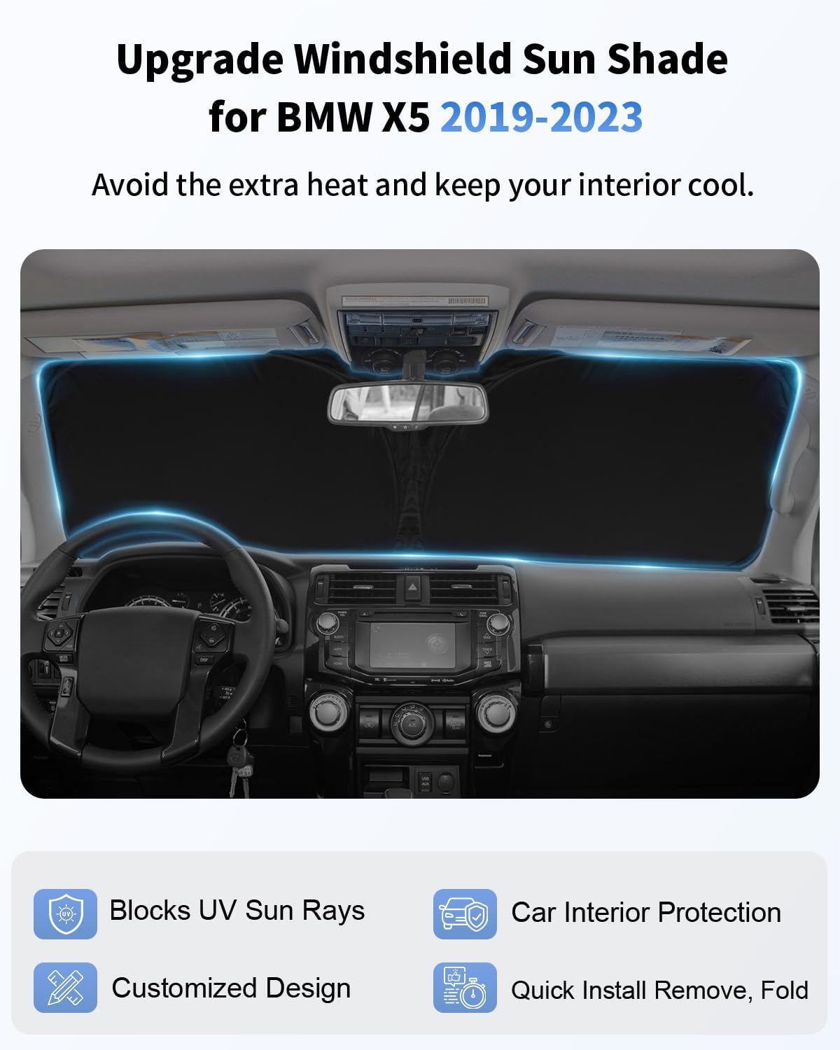 Sunshade for 2025 2026 BMW X5 Windshield Sun Shade Cover, Custom Fit BMW X5 G05 xDrive40i xDrive50i xDrive45e M50i X5 M Sport xLine SUV 2019-2024 Sun Visor Window Shield Car Accessories