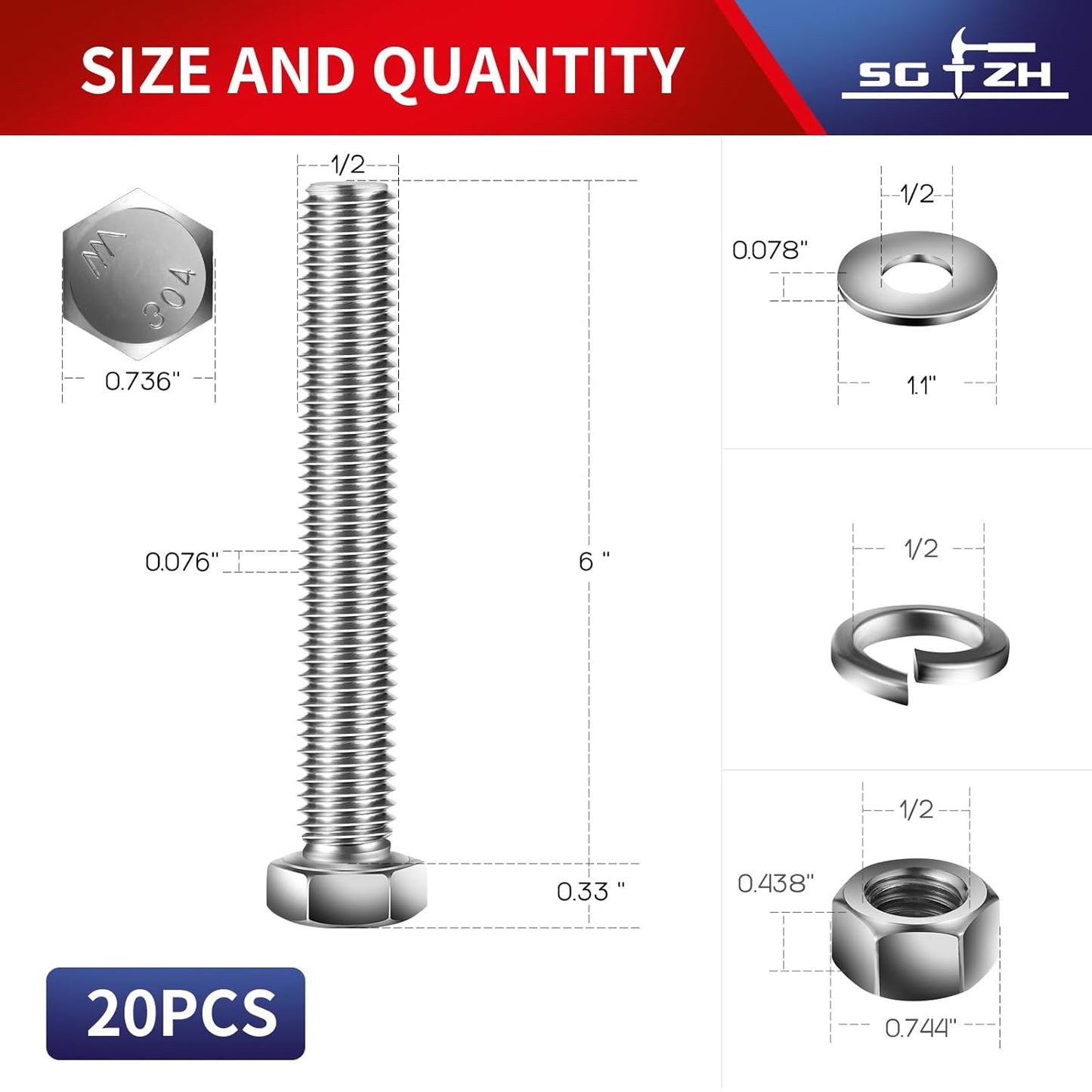 1/2-13 x 6" Hex Head Screw Bolt, Nuts, Flat & Lock Washers, 20Pcs 18-8 (304) Stainless Steel, Fully Threaded, by SG TZH