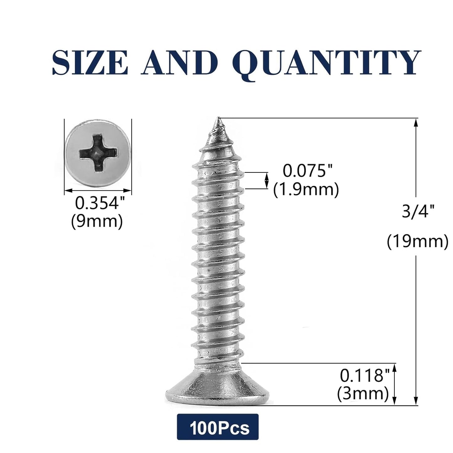 #10 x 3/4" Wood Screw 100Pcs 18-8 (304) Stainless Steel Screws Flat Head Phillips Fast Self Tapping Drywall Screws by SG TZH