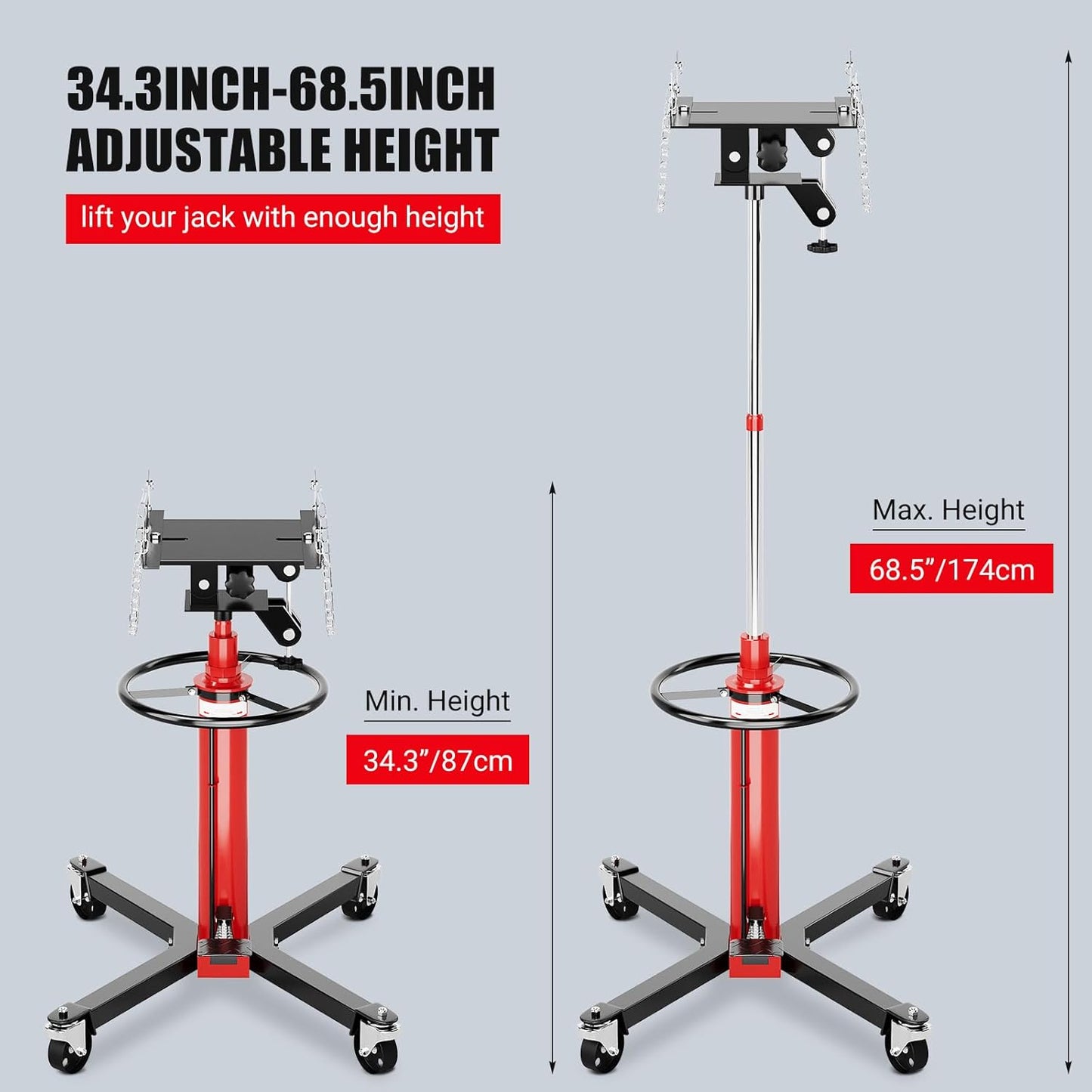 Transmission Jack, 1322lbs Hydraulic Telescoping Transmission Jack, 34.3"-68.5" High Lift, 2-Stage Transmission Jack Stand 3/5 Ton Capacity with Foot Pedal, 360° Swivel Wheel