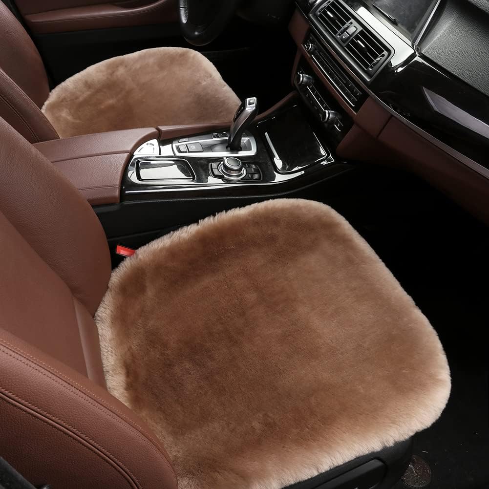 LLB Genuine Sheepskin Car Seat Cushion Seat Covers for Cars Trucks SUV Comfort Seat Protector Pad for Car Driver Seat Car Accessories for Women Office Chair Car Decor (Tan, Front Seat Cushion-1 Pc)