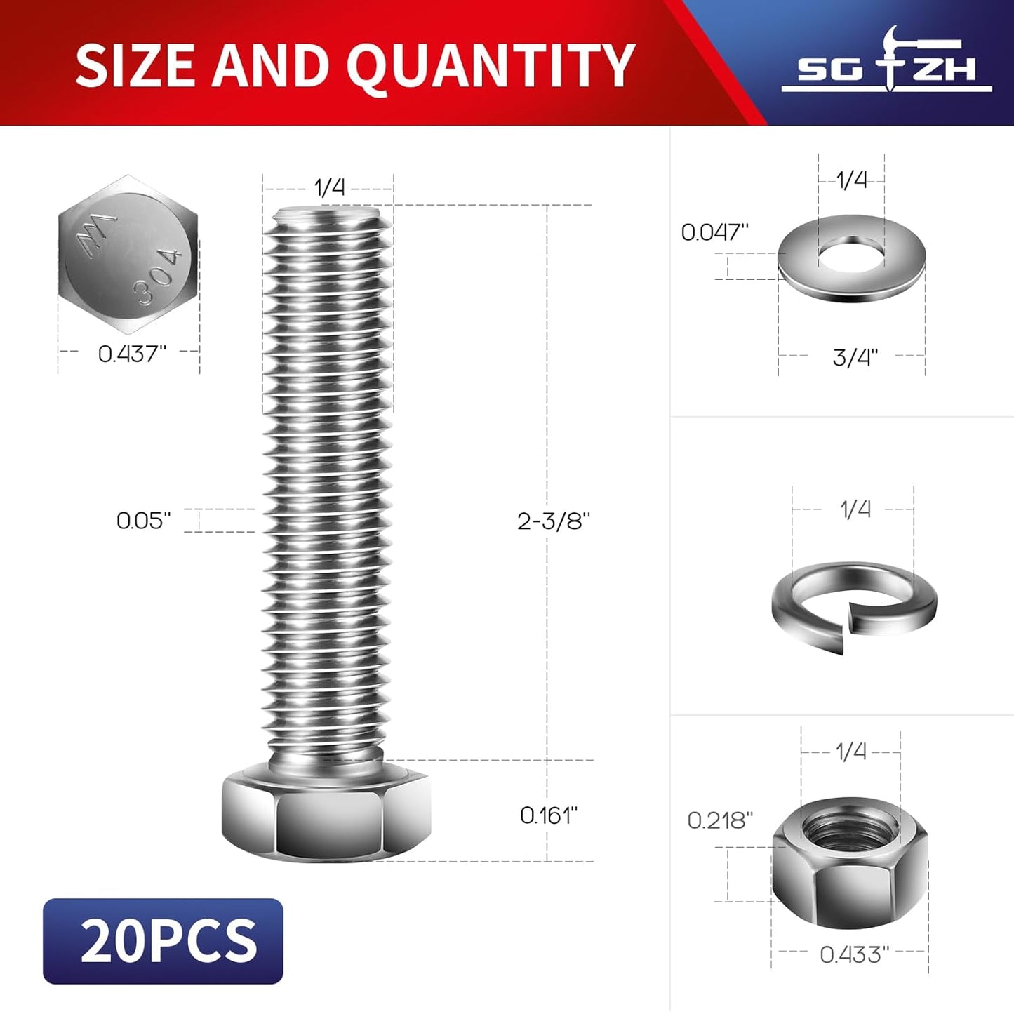 1/4-20 x 2-3/8" Hex Head Screw Bolt, Nuts, Flat & Lock Washers, 20Pcs 18-8 (304) Stainless Steel, Fully Threaded, by SG TZH