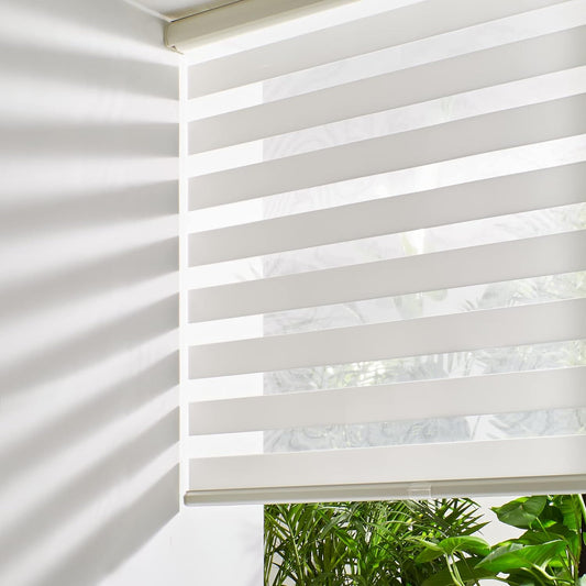 Persilux Cordless Zebra Blinds for Windows Free-Stop Window Blinds (34" W X 64" H, Cream) Dual Layer Light Control for Day and Night, Light Filtering Sheer Shades for Home, Easy to Install