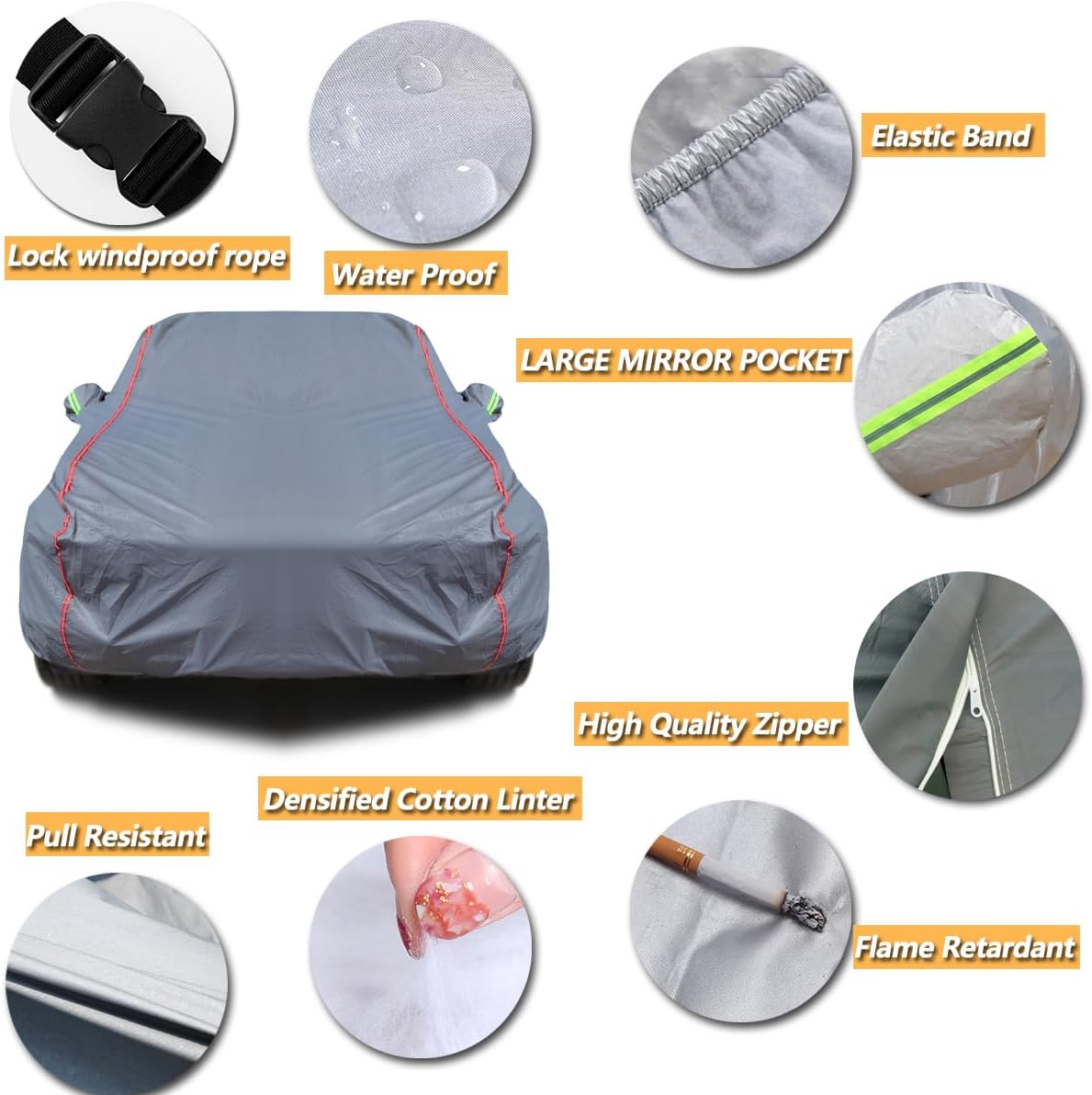 AUQDD 6-Layers PEVA New Material Sedan SUV Full Padded Car Cover Waterproof All Weather Weatherproof UV Sun Protection Snow Dust Storm Resistant Outdoor Exterior Custom Form-Fit Straps 197"-208" Grey