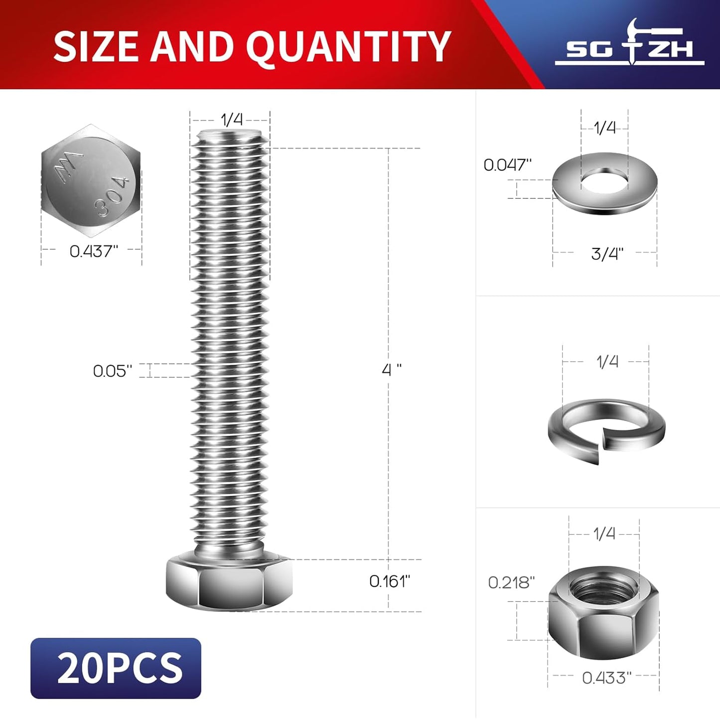 1/4-20 x 4" Hex Head Screw Bolt, Nuts, Flat & Lock Washers, 20Pcs 18-8 (304) Stainless Steel, Fully Threaded, by SG TZH