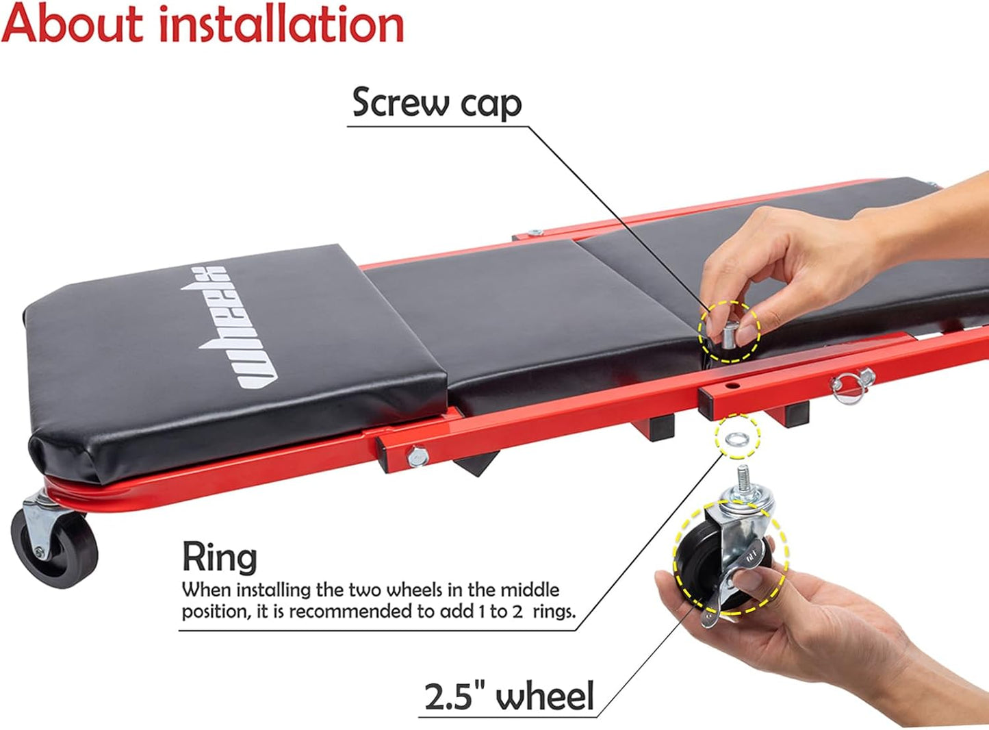 Mechanic Creeper 36 Inches 2-in-1 Z Seat with Brake, 340 lbs Capacity, Foldable Garage Chair Adjustable Rolling Folding with 6 pcs Wheels Roller, Lay Down or Sit Under Car Auto Repair Red Black