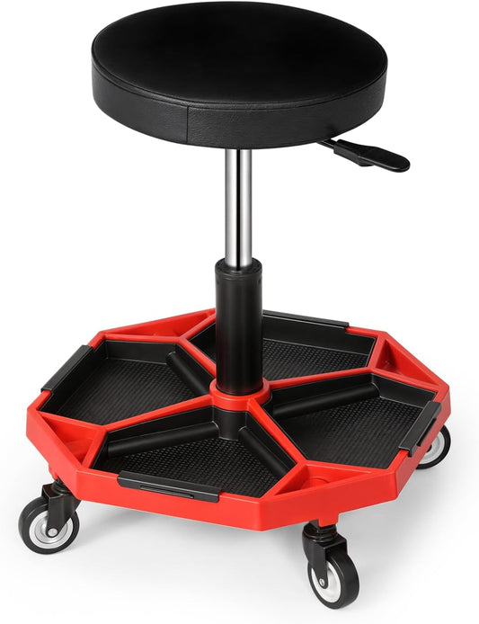 Magshion Adjustable Mechanics Stool with Wheels – 300 lbs Capacity Rolling Shop Stool for Garage & Workshop, Pneumatic Height Adjustable Work Chair with Tool Tray (Red)