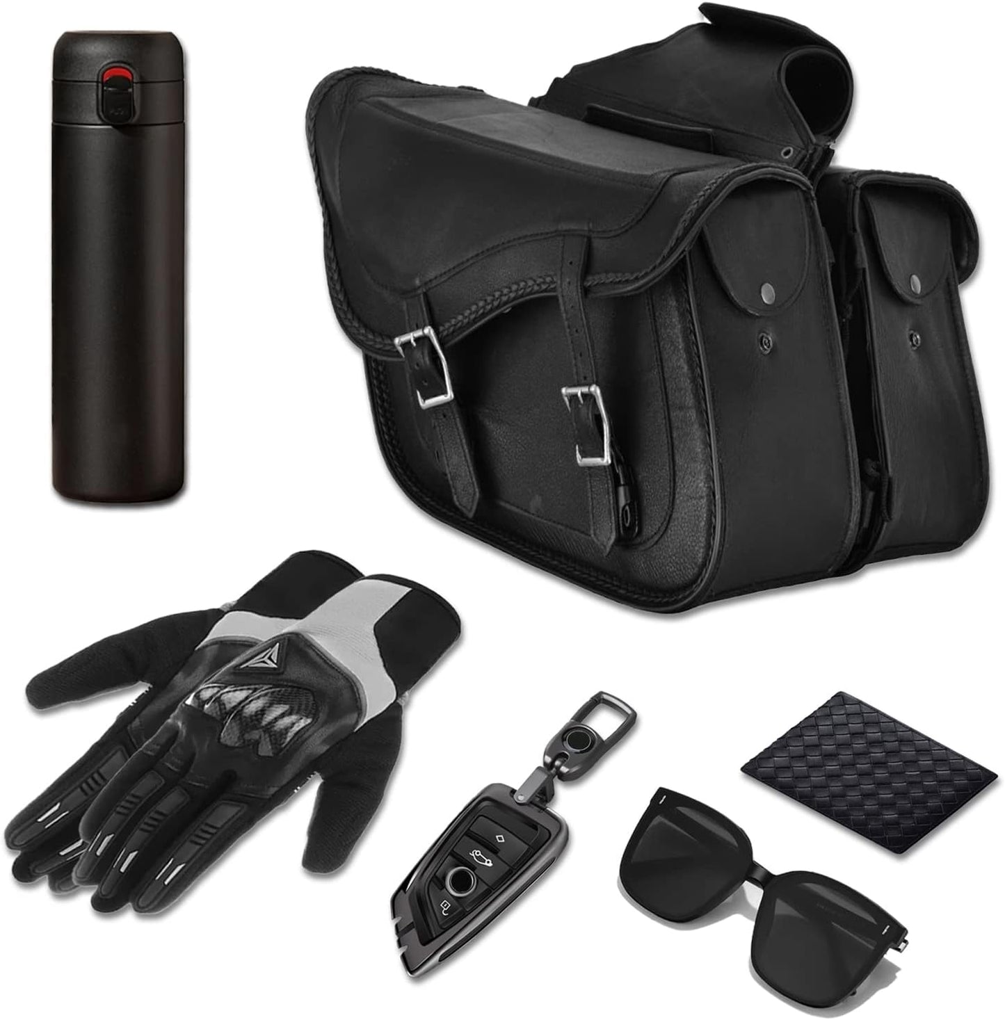 GARGOYLE BELLS Motorcycle Saddle Bags Genuine Leather Motorcycle Luggage Bag For Softails Sportsters and Choppers (No Stud, Black, 13”x13“x10”)