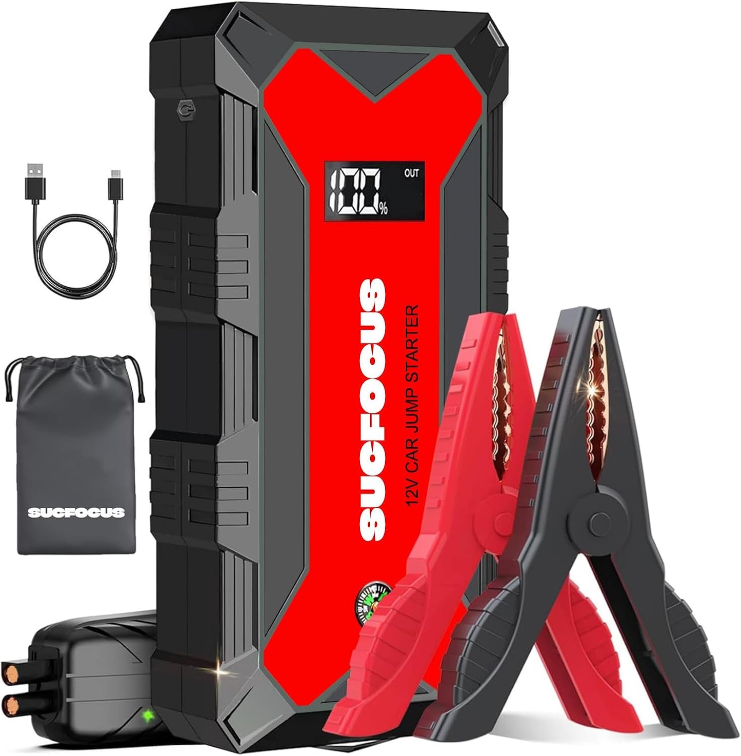 Car Battery Jump Starter, 2500A Battery Jumper Starter Portable (for 8.0L Gas or 7L Diesel Engine), Jump Box, Jump Start Battery Pack with Jumper Cables, LED Light, USB QC3.0 (Red)