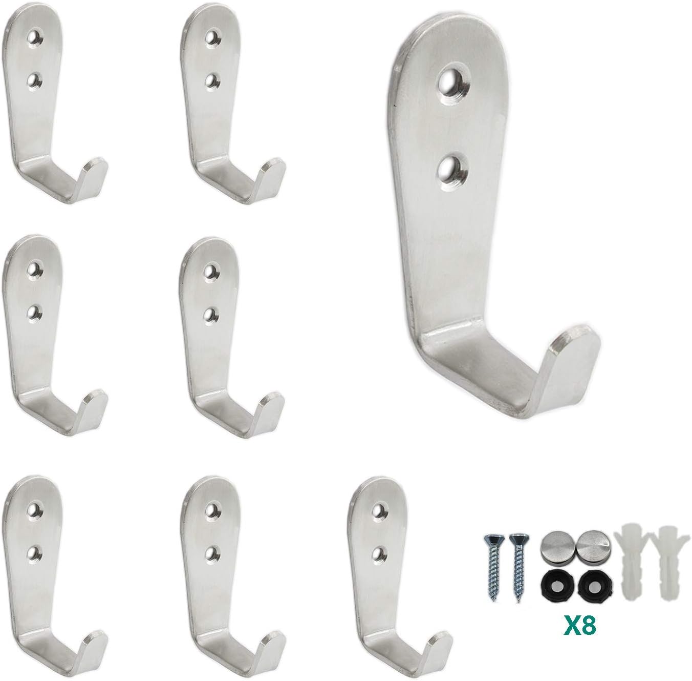 Stainless Steel Coat Hooks, Heavy Duty Metal Hangers for Hanging Towels, Keys, Hats - Kitchen & Bathroom Wall Mounted Indoor/Outdoor Hooks with Installation Screws - 8 Pack