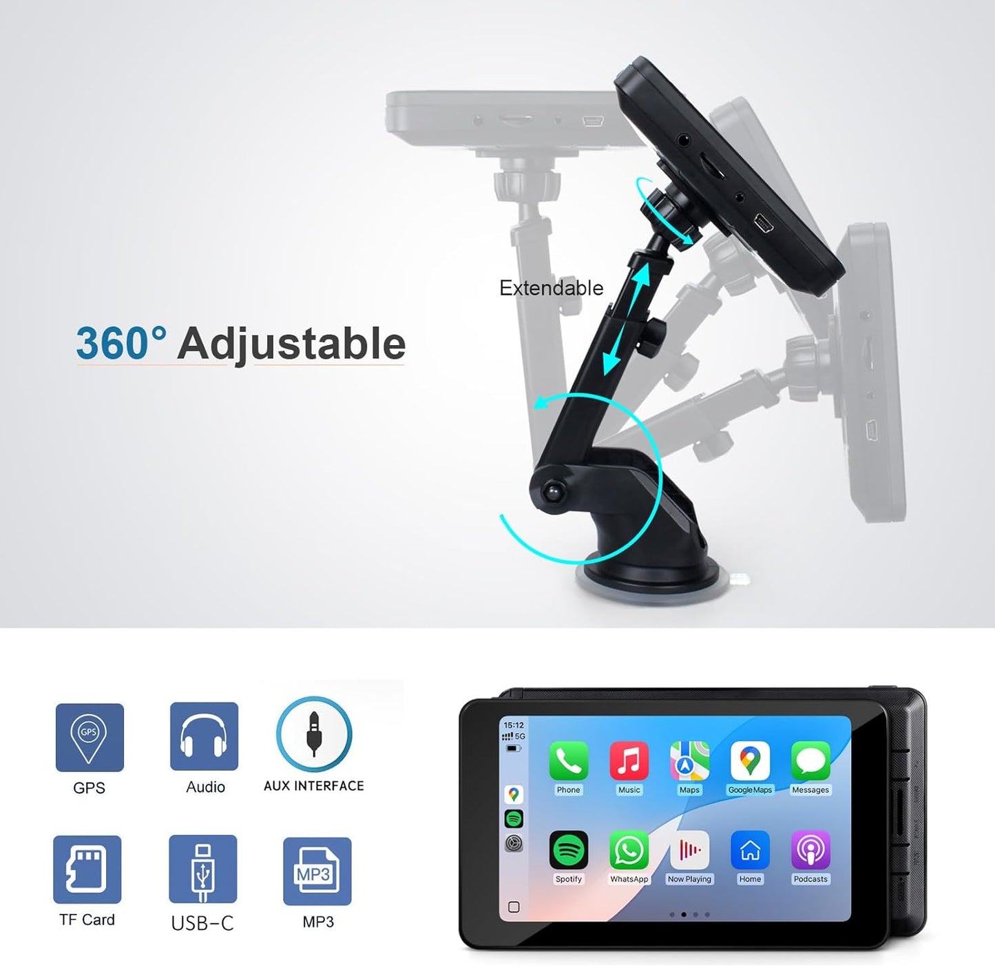 Wireless Car Stereo Compatable with Apple CarPlay and Android Auto, 7-inch Touch Screen in Car FM Transmission, with 5.0 Bluetooth Hands-Free/Mirrored Projection/Portable Car Stereo for All Vehicles