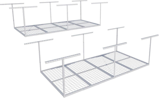 FLEXIMOUNTS 4x8 Overhead Garage Storage Rack, Adjustable Organization System, Heavy-Duty Metal Ceiling Racks, 2 pack, White
