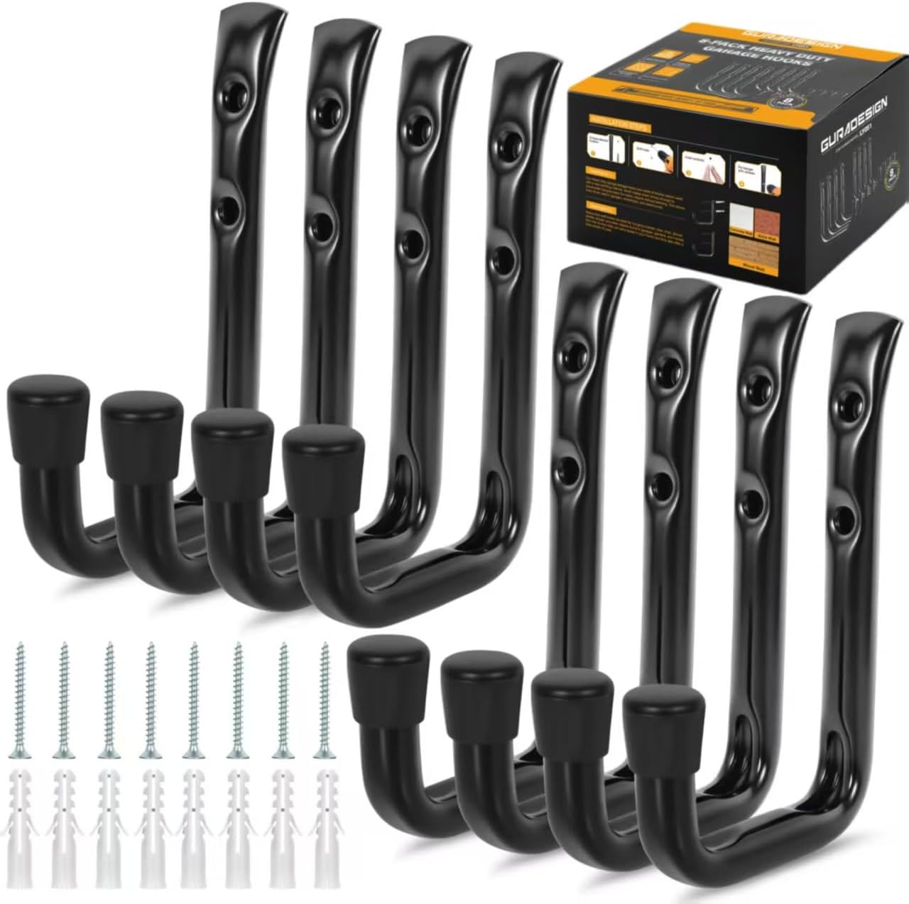 8-Pack Heavy Duty Garage Hook for Hanging 50 lbs, J Utility Hooks for Garage, Metal Wall Hooks Heavy Duty, Garage Hook for Hanging, Black