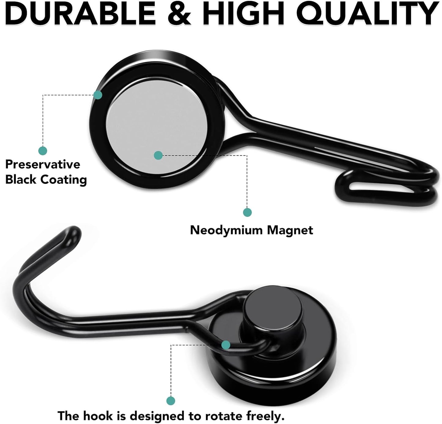 MIKEDE Magnetic Hooks 4 Pack, 40Lbs Heavy Duty Neodymium Magnet Hooks Black Magnetic Swivel Hooks for Hanging, Rust Proof Strong Magnets with Hook Magnetic Metal Hanger for Storage