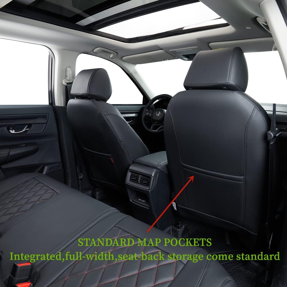 coverdream CRV Leather Seat Covers for 2023-2025 2026 Honda CRV LX,EX,EX-L,Sport Series,Hybrid,Fully Covered,Airbag Compatible Waterproof Car Seat Protector (Full Set,Black/Red)