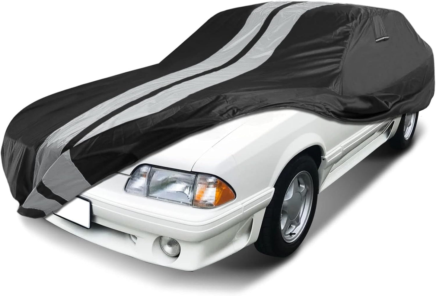 iCarCover Custom Car Cover Compatible with Mustang 1979-2004, Waterproof All Weather Rain Snow UV Sun Protector Full Exterior Indoor Outdoor Car Covers, Stripe (Black/Gray)