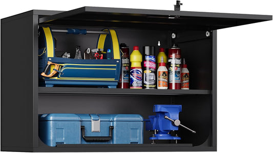 Metal Wall Storage Cabinet Adjustable Shelf 22'' Tall Steel Garage Wall Mounted Cabinet Lockable Floating Garage Storage Shop Trailer Tool Assembly Required