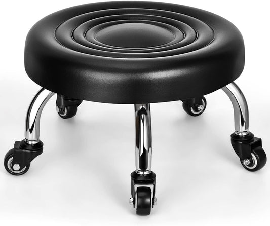 Low Rolling Stool, Low Stool with Wheels, PU Leather Low Roller Seat Stool Chair, Rolling Seat Stool for Home Office Garage Shop (Style 2)