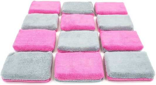 Autofiber Thin [Saver Applicator Terry] Ceramic Coating Applicator Sponge | 12 Pack | with Plastic Barrier to Reduce Product Waste. (Pink/Gray)