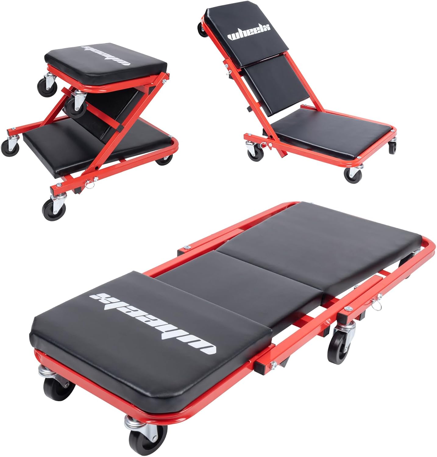 Mechanic Creeper 36 inches 3-in-1 Mode Z Seat 340lbs Capacity, Foldable Garage Adjustable Rolling Folding with 6pcs Wheels Roller, Lay Down Sit Lean Back, Under Car Auto Repair, Red Black