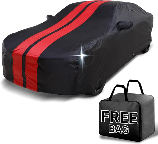 iCarCover Custom Car Cover for Chevy Sonic Hatchback (2012-2021) Waterproof All Weather Rain Snow UV Sun Protector Full Exterior Indoor Outdoor Car Cover (Stripe - Black/Red)