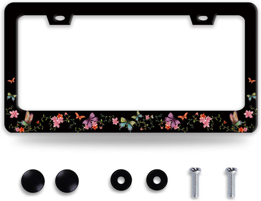 Colorful Butterfly License Plate Frame Beautiful Butterflies Flowers License Plate Holder Funny Stainless Steel Accessories Cars Decor with 2 Holes and Screws Fits Standard Us Ca Vehicles 12.2 X 6 in