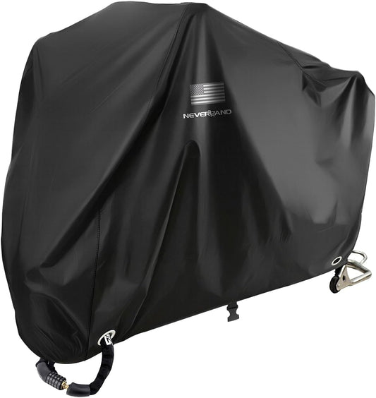 NEVERLAND Motorcycle Cover Waterproof Outdoor - Black Heavy Duty Scooter Cover, Motorbike Cover with Refletive Logo, Lock-Hole, Bandage, Storage Bag-Protect Against Dust, Debris, Rain and Weather(XXL)