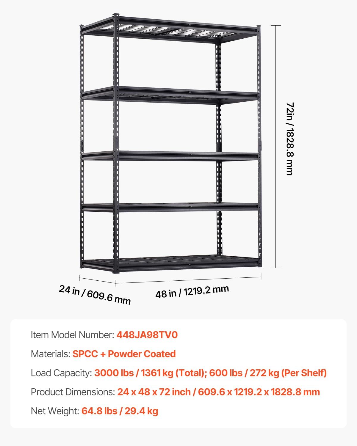 VEVOR Storage Shelves, 3000 lbs, 5 Tier Heavy Duty Garage Shelving, 24" D x 48" W x 72" H Adjustable Metal Shelves for Industrial Shelving Unit Utility Shelf, for Kitchen, Warehouse, Basement, Black