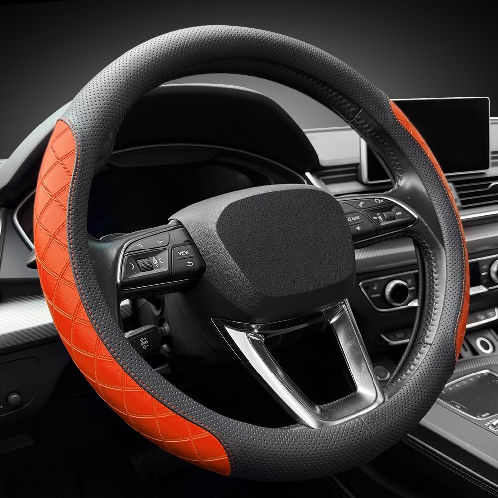 LKWLIKEI Nappa Leather Steering Wheel Cover, Diamond Checkered Design, Non-Slip wear-Resistant, Enhance Driving Comfort, Suitable for Steering Wheel Diameter 14 1/2‘-15’ Models.Black Orange