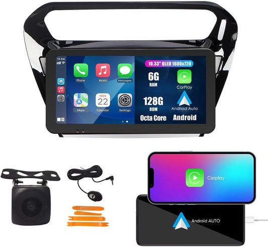 Kunfine Car CarPlay Android Auto Navigation Stereo GPS Radio Camera Display 10.33" QLED Touchscreen Headunit Tablet Media Player for Peugeot 301 2013-2022, if Applicable Octa Core 6G+128G Gloss Black