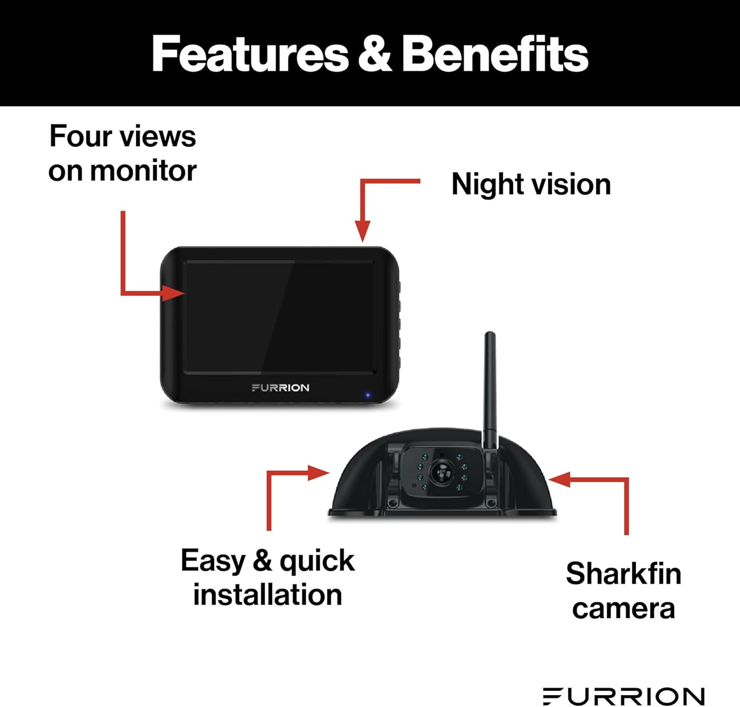 Furrion Vision S Wireless RV Backup Camera System with 4.3-Inch Monitor, 1 Rear Sharkfin, Infrared Night Vision, Wide-Angle View, Hi-Res, IP65 Waterproof, Motion Detection, Microphone - FOS43TASF