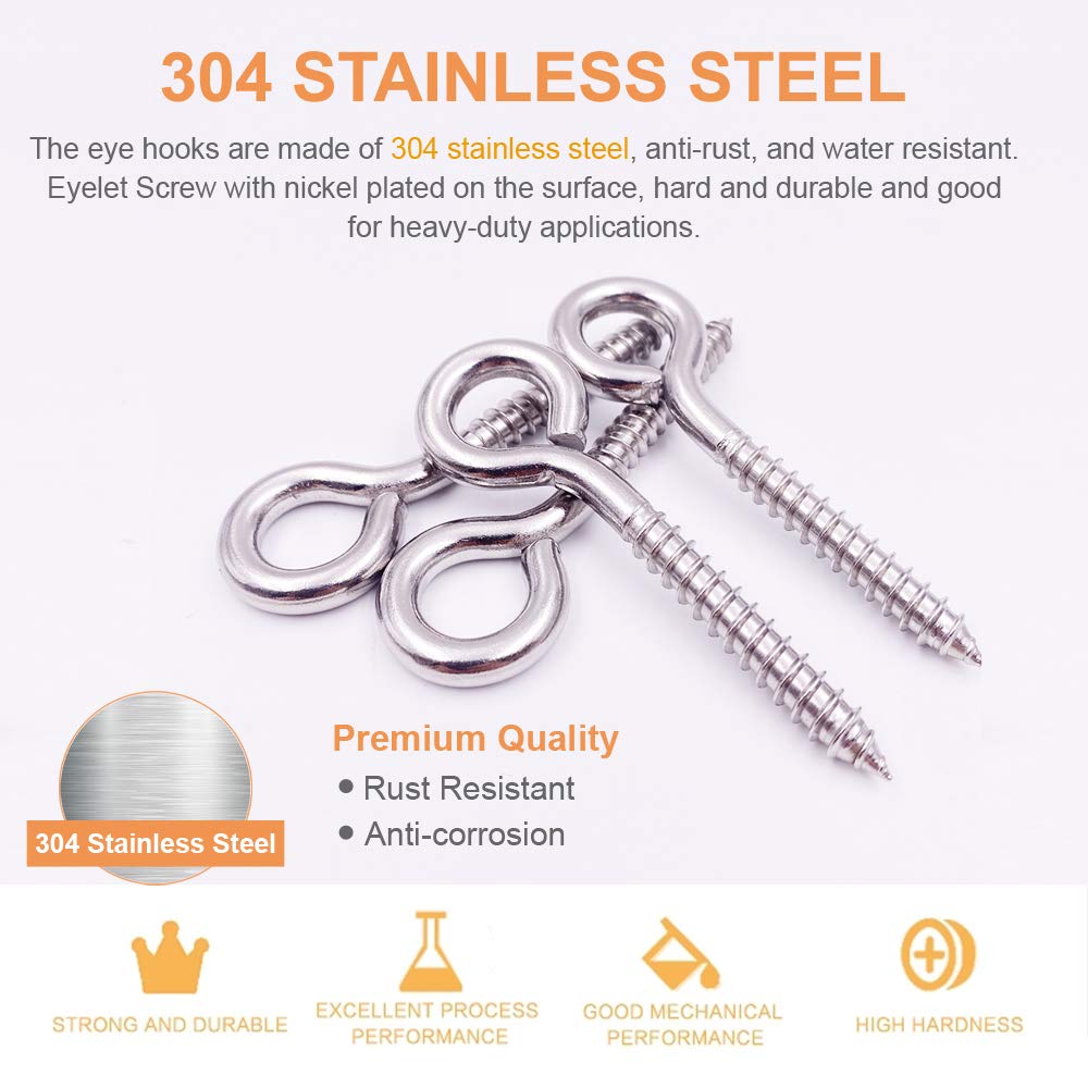 12-Pack 304 Stainless Steel Screw Eyes, Heavy Duty Screw in Eye Hooks Ring for Yoga, Swing Chair, Indoor & Outdoor, Self Tapping, 3.2"