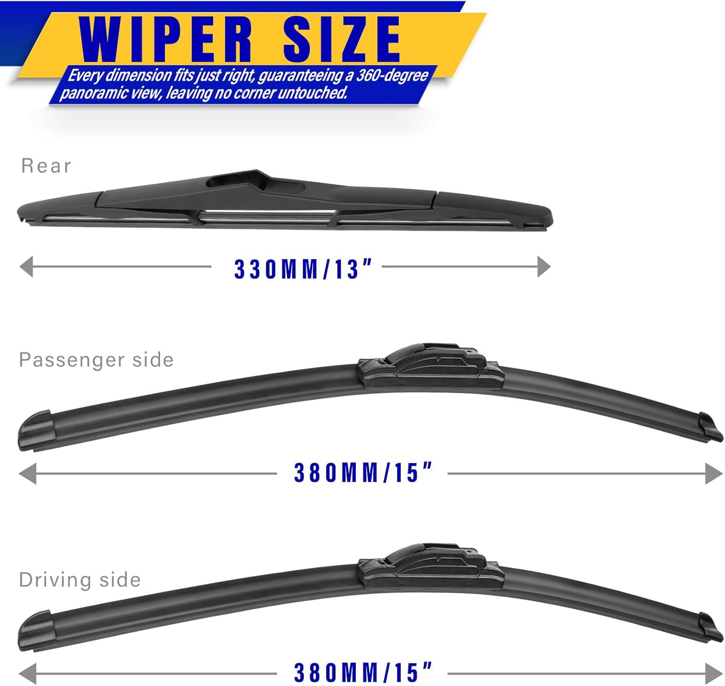 3 wipers Replacement for 2007-2017 Jeep Wrangler/2008-2018 Jeep Wrangler JK, Windshield Wiper Blades Original Equipment Replacement - 15"/15"/13" (Set of 3) U/J HOOK