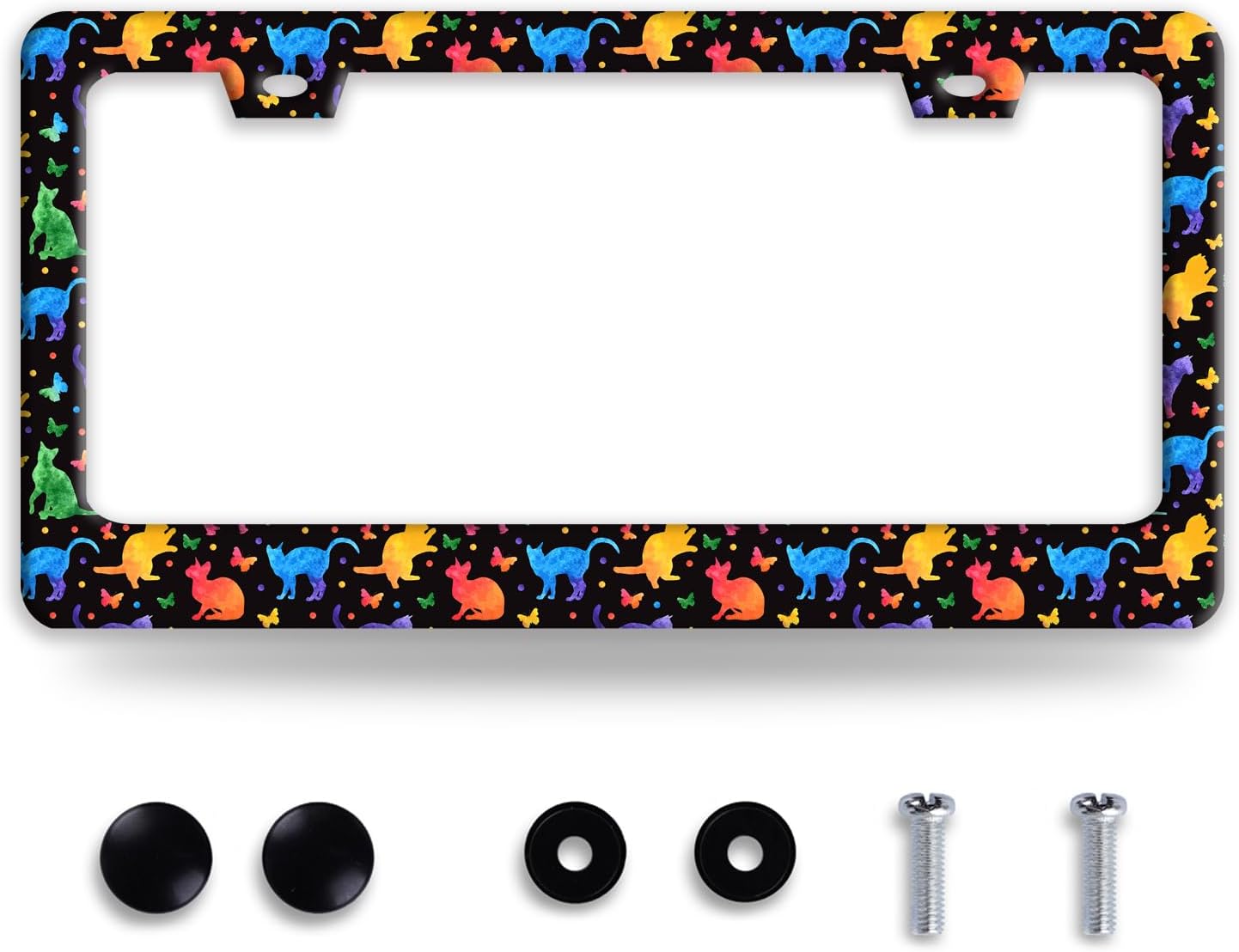 Colorful Cat License Plate Frame Cute Pet Butterfly License Plate Holder Funny Stainless Steel Accessories Cars Decor with 2 Holes and Screws Fits Standard Us Ca Vehicles 12.2 X 6 Inch
