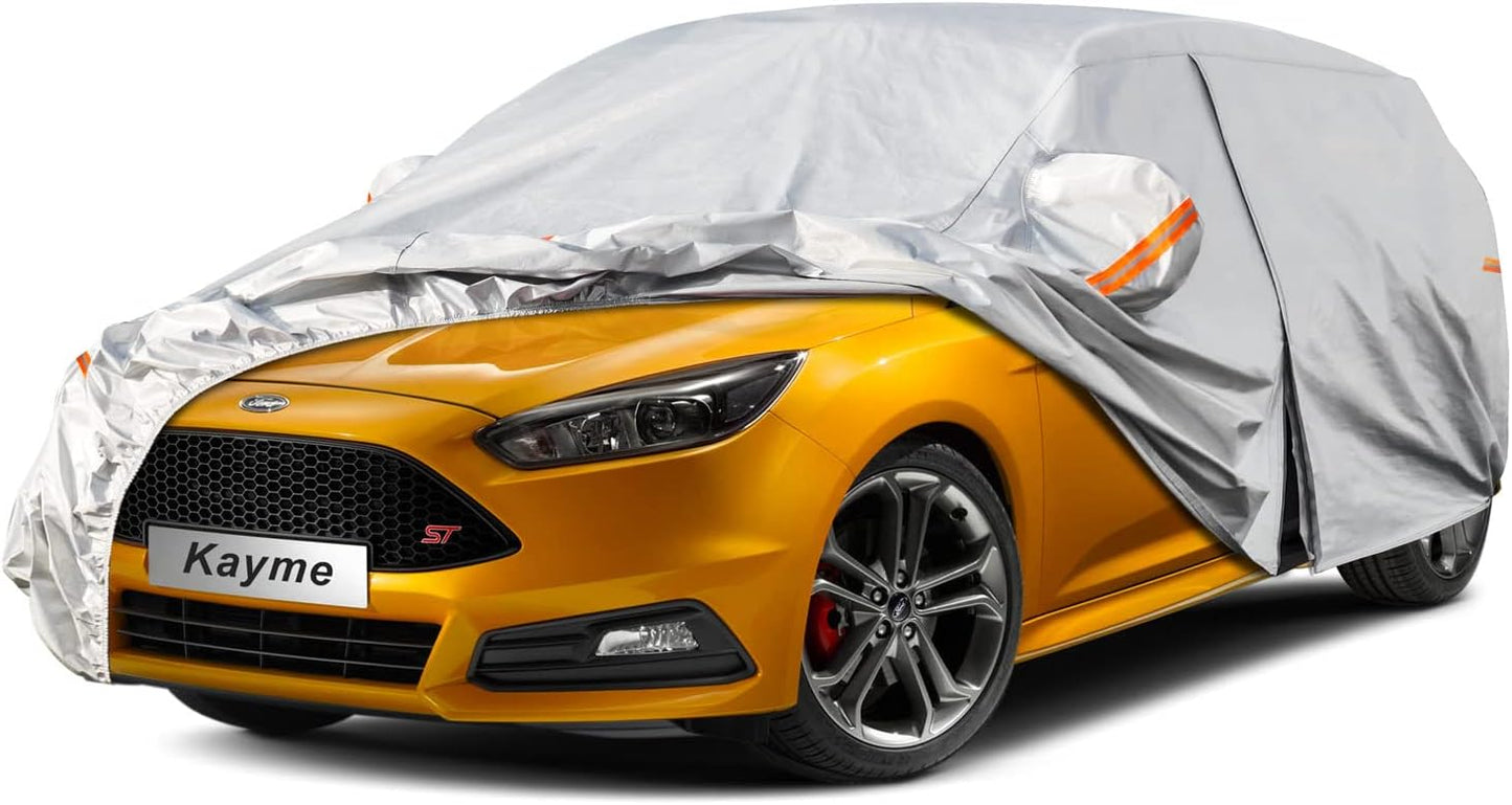 Kayme 6 Layers Hatchback Car Cover Waterproof All Weather for Automobiles, Outdoor Full Cover Rain Sun UV Protection with Zipper Cotton, Universal Fit for Hatchback (Up to 177 inch)