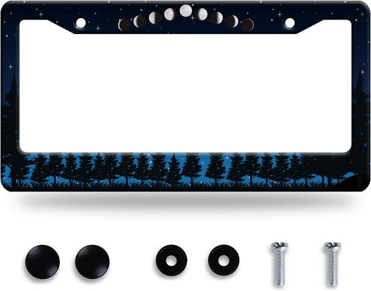 Moon Phase Forest Night License Plate Frame Moon License Plate Frames Stainless Steel Accessories Cars Decor with 2 Holes and Screws Fits Standard US CA Vehicles Size 12.2 x 6 Inches