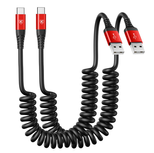 Coiled USB A to USB C Cable for Car 6FT 2Pack USB C Charger Cable Fast Charging Type C Charger Cord USB-C Cable Compatible with iPhone 16/15/Plus/Pro/Pro Max/Samsung Galaxy S23 A20 - Red