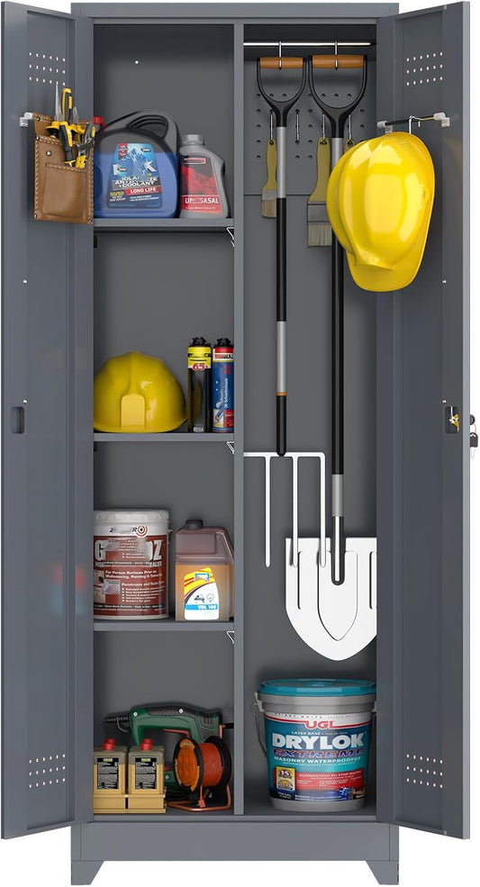 GREATMEET 65" H Metal Garage Storage Cabinets with Lock Door and Adjustable Shelves,Grey Broom Closet Storage Cabinet for Cleaning Supplies for Garage, Bathroom,Kitchen,Home