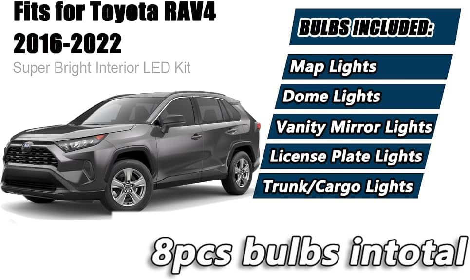 8 Piece CooL White LED Interior Lights Kit for Toyota RAV4 2016 2017 2018 2019 2020 2021 Super Bright 6000K Interior LED Lights Bulbs Package + Install Tool