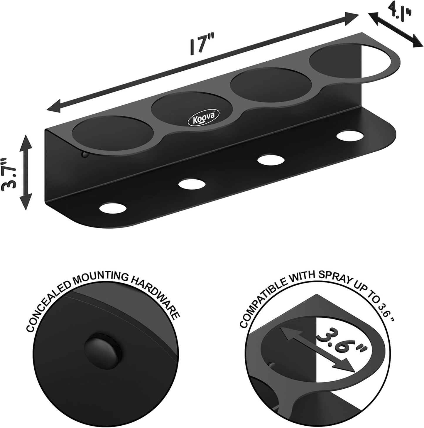 Koova 4 All-Purpose Spray Bottle Holder | Easy Install Wall Mount Hardware Included | Heavy-Duty Powder Coated Steel Storage Rack for Garage And Home | Craft Workspace Paint Bottle Organizer USA Made