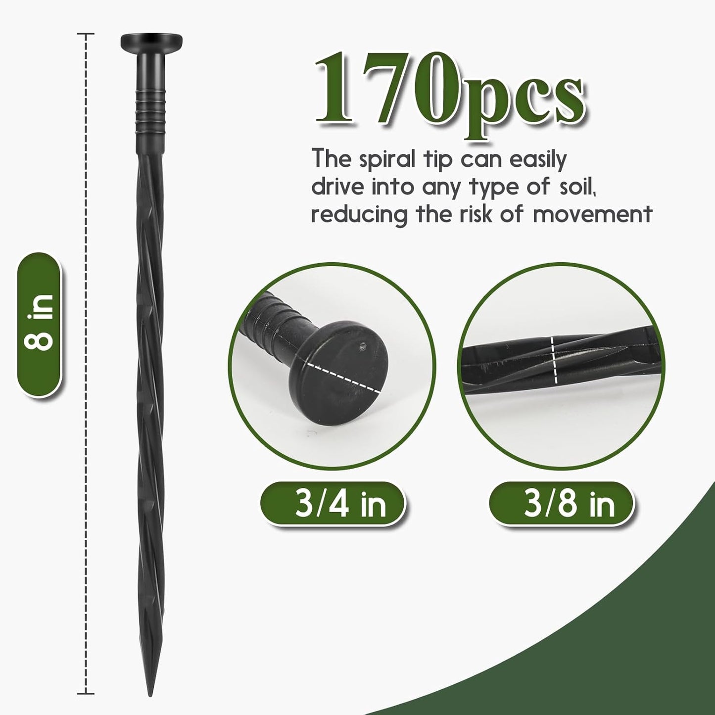 Landscape Edging Stakes, 170 Pcs 8" Plastic Garden Spikes, Spiral Nylon Anchoring Spikes for Paver Edging, Weed Barriers, Artificial Turf, Tent, Grass Pathway and More, Black