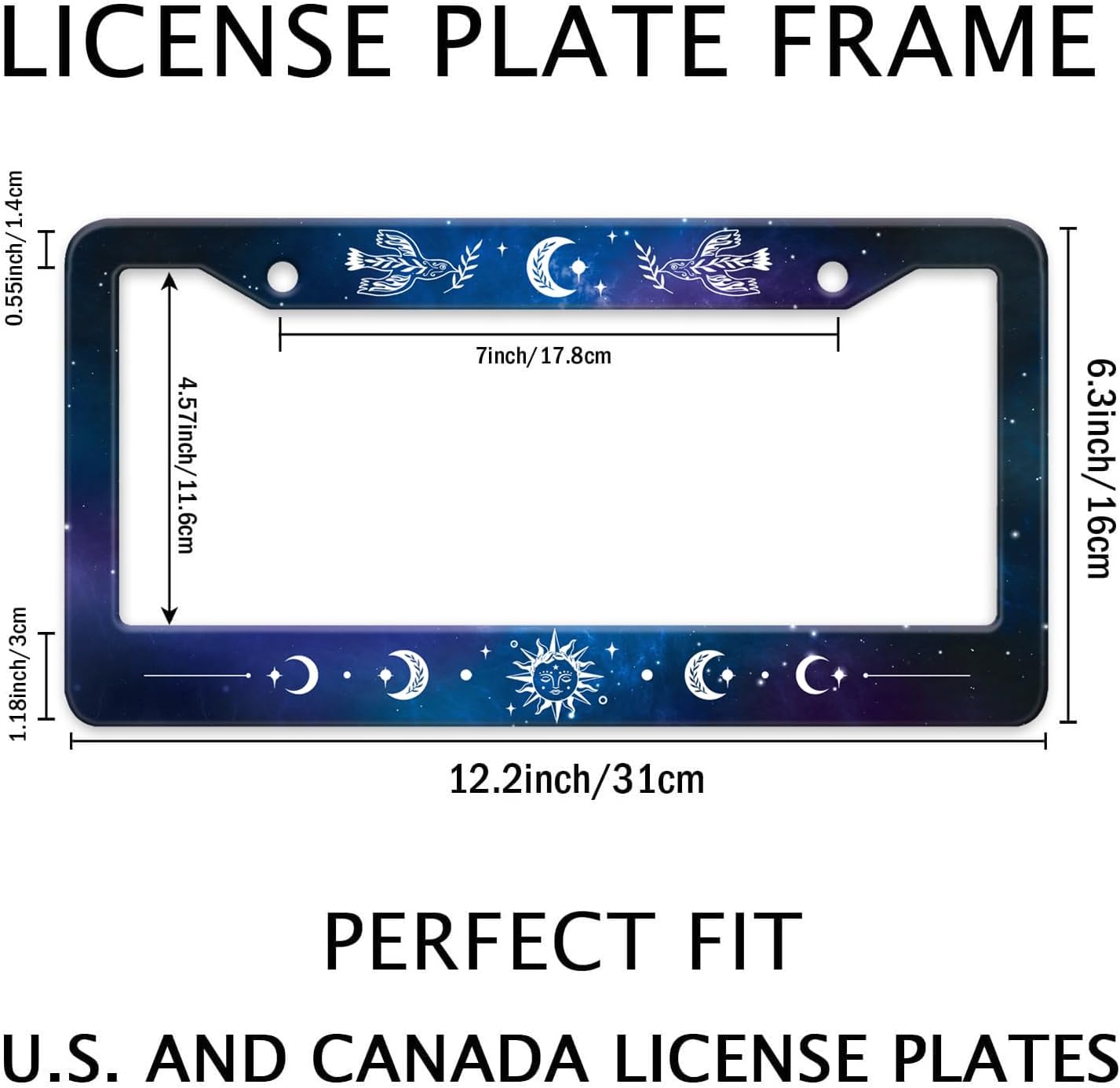 Starry Sun Moon License Plate Frame, Night Sky Moon Phase License Plate Holder Cover, Metal Aluminum Rustproof Car Accessories for Us Canada Standard Women Men 2 Holes with Screw Caps