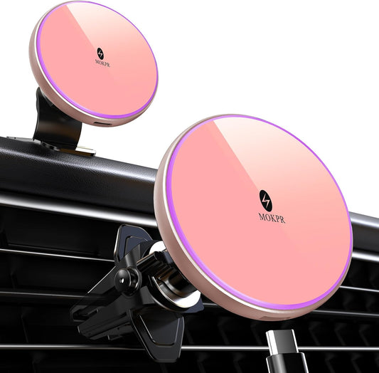 MOKPR for Magnetic Car Mount Charger-15W Wireless Car Charger-Magnetic Car Phone Holder for Dash Air Vent-LED RGB HandsFree Car Mount Fast Car Charger for iPhone 16 15/14/13/12 Pink