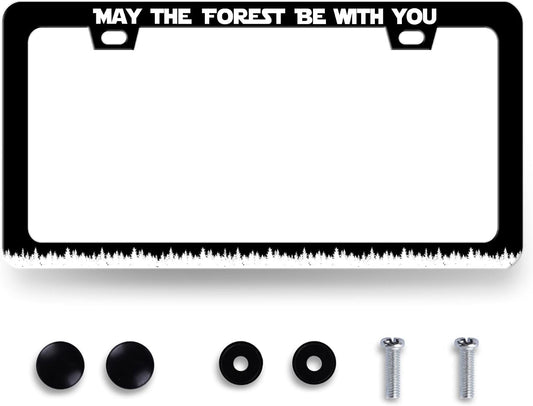 Funny License Plate Frame May The Forest Be with You License Plate Holder for Personalized Text Car Decorative Stainless Steel Forest License Plate Auto Part with Screws 12.2" x 6.2"