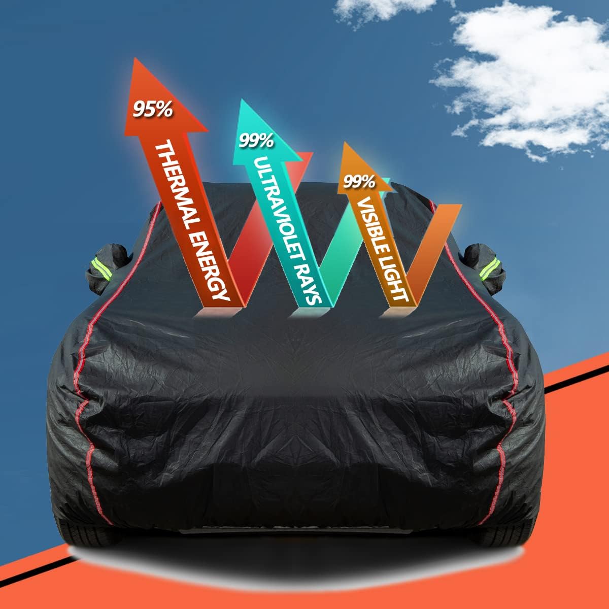 AUQDD 6-Layers PEVA New Material Sedan SUV Full Padded Car Cover Waterproof All Weather Weatherproof UV Sun Protection Snow Dust Storm Resistant Outdoor Exterior Custom Form-Fit Straps 188"-200" Black