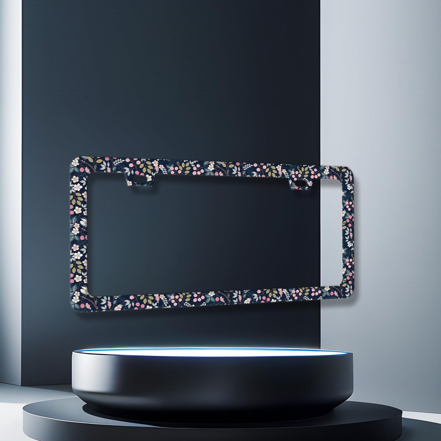 Blue Floral Flowers License Plate Frame Beautiful Flower License Plate Holder for Personalise Women Car Decorative Stainless Steel Colorful License Plate Auto Parts with Screws 12.2" x 6.2"